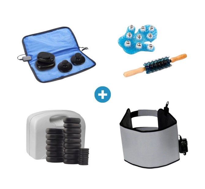 Kit Massagem Completa - Pedras + Aquecedor de Pedra + Manta Térmica Abdominal + Rolo de Massagem + Luva Massageadora - Estek 