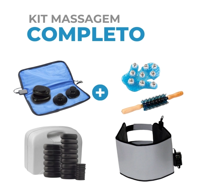 Kit Massagem Completa - Pedras + Aquecedor de Pedra + Manta Térmica Abdominal + Rolo de Massagem + Luva Massageadora - Estek 