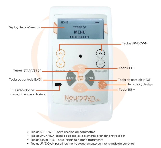 Neurodyn Portátil - Aparelho de Correntes TENS/FES com 02 Canais - IBRAMED